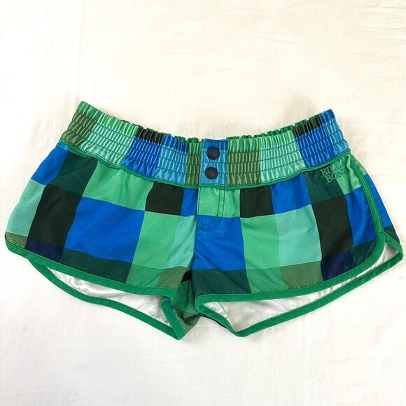 Y2K Billabong Green Blue Plaid Athletic Mini Shorts Sz M 2000s Preppy Activewear - Picture 1 of 5